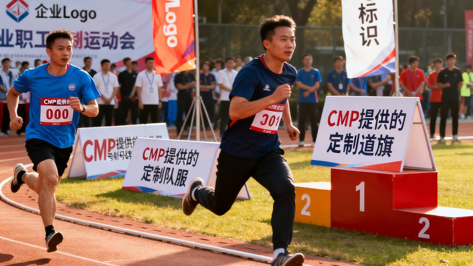 企业职工运动会现场场景，赛道上摆放着CMP提供的定制号码牌、队服、道旗和颁奖台，参赛员工正在激烈角逐，背景横幅可见企业Logo与CMP标识